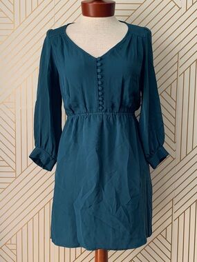 Anlo 100% Silk Babydoll puff sleeve empire fit & flare  Dress button bust teal P